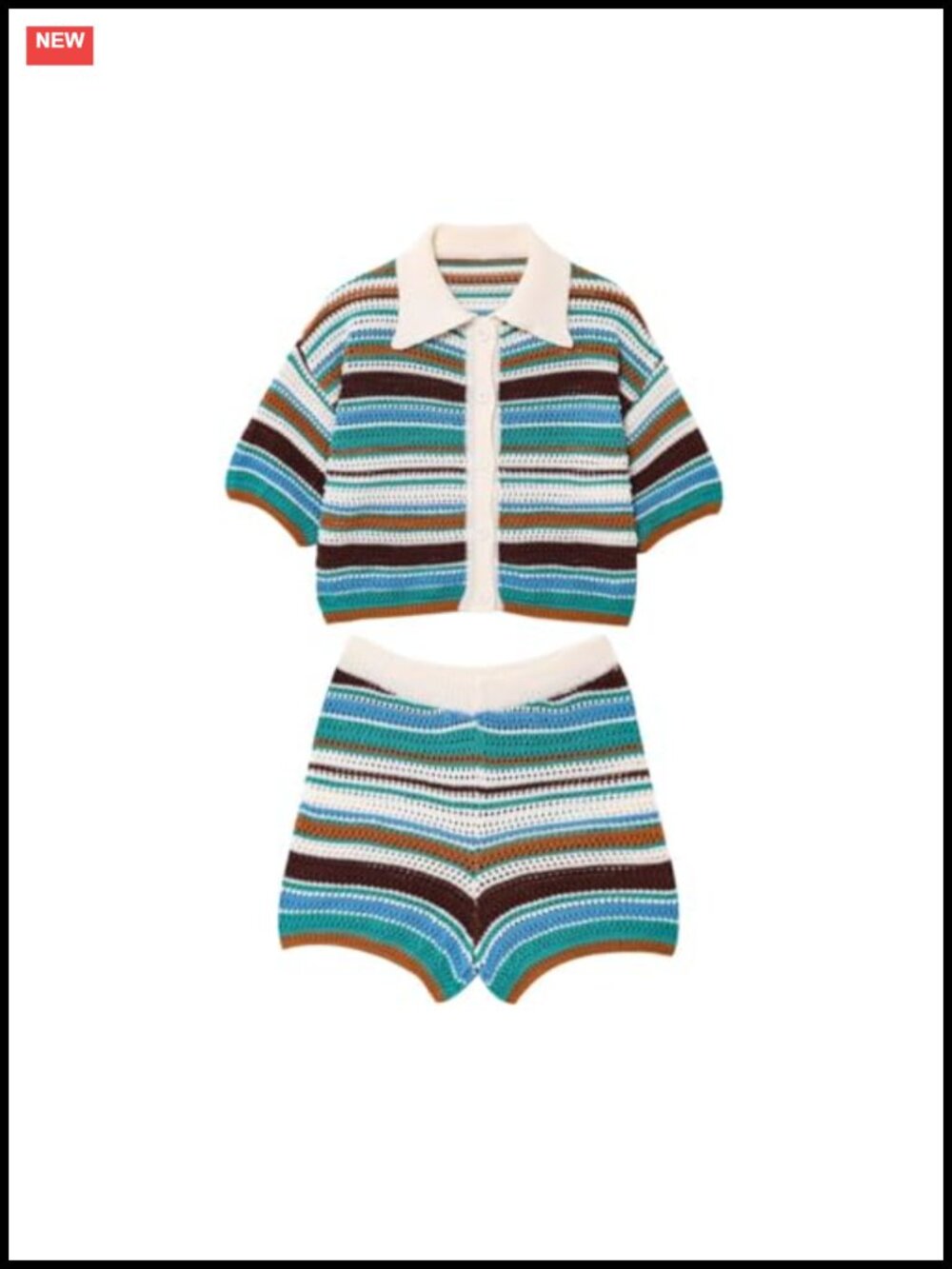 Womens Cropped Short Sleeve Polo Sweater Striped Button Up Knit Top